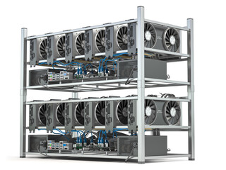 Poster - Mining farm from graphics cards GPU standing in a row isolated on white .