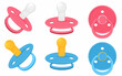 Set icons of pacifier baby dummy care nipple for newborn child , nipples dummies blue for boy and pink for girl in different view position isolated on white background. Vector illustration.