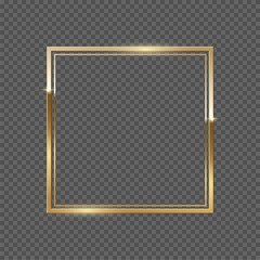 Double golden frame with square shape vector illustration. Realistic 3d elegant golden award lines with glitter, classic geometric presentation, painting frame isolated on transparent background.