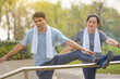 © Suriyo - Retired couple exercising happily and healthy, retirement age exercise, Elderly life insurance