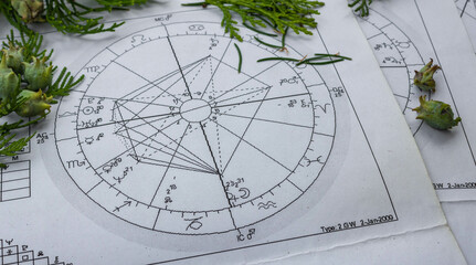 printed astrology charts with cypress branches and cones