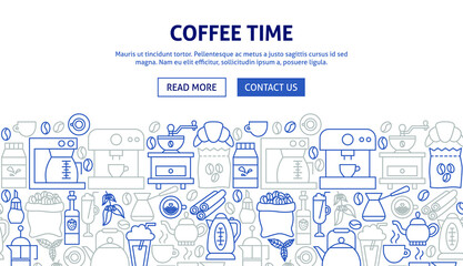 Canvas Print - Coffee Time Banner Design. Vector Illustration of Outline Template.