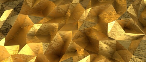 Abstract 3D render illustration,Surface gold crystal geometric triangle and Polygonal shapes template