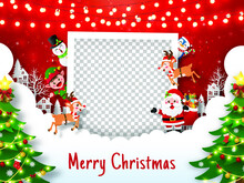 Merry Christmas And Happy New Year, Christmas Postcard Of Photo Frame With Santa Claus And Friends, Paper Art Style