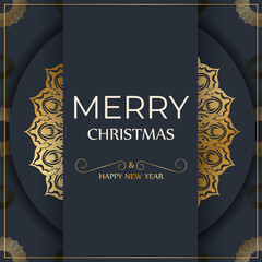 Poster - Happy new year flyer template in dark blue color with abstract gold pattern
