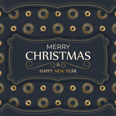 Poster - Happy new year flyer template in dark blue color with vintage gold ornament