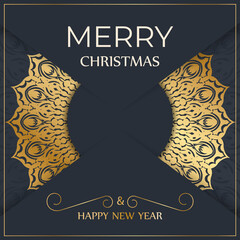 Poster - Happy new year flyer template in dark blue color with winter gold ornament