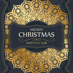 Poster - Happy new year flyer template in dark blue color with winter gold pattern
