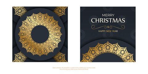 Poster - Merry Christmas and Happy New Year greeting card template in dark blue color with luxury gold pattern