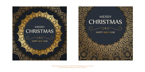 Poster - Merry Christmas and Happy New Year greeting card template in dark blue color with luxury gold pattern