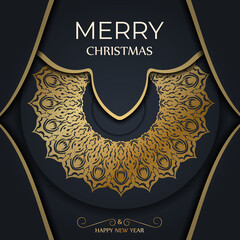 Poster - Merry Christmas and Happy New Year greeting card template in dark blue color with vintage gold ornament