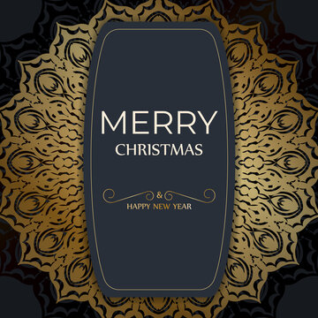 Merry Christmas and Happy New Year greeting card template in dark blue color with luxury gold ornaments
