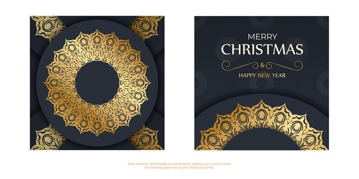 Merry Christmas and Happy New Year greeting card template in dark blue color with luxury gold pattern
