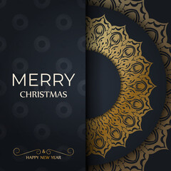 Poster - Merry Christmas and Happy New Year greeting card template in dark blue color with vintage gold pattern