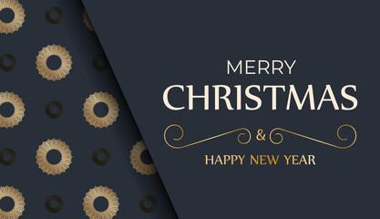 Poster - Merry Christmas and Happy New Year greeting card template in dark blue color with vintage gold pattern
