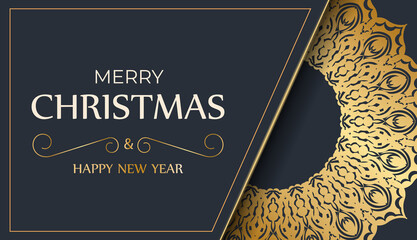 Poster - Merry Christmas and Happy New Year greeting card template in dark blue color with vintage gold pattern