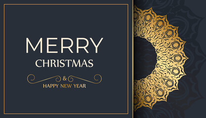 Poster - Merry Christmas and Happy New Year greeting card template in dark blue color with winter gold ornament