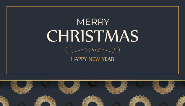 Merry Christmas and Happy New Year greeting card template in dark blue color with winter gold ornament