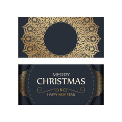 Poster - Template greeting card Happy New Year in dark blue color with vintage gold pattern
