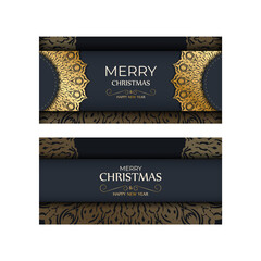 Poster - Template Greeting card Merry Christmas in dark blue color with abstract gold ornament