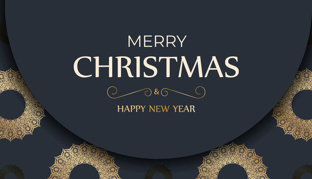 Template Greeting card Merry Christmas in dark blue color with luxury gold ornaments