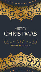 Poster - Template Greeting card Merry Christmas in dark blue color with vintage gold ornament