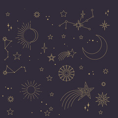 Wall Mural - Astral elements vector design. Cosmic, celestial background. Stars, planets, sun, cosmos linear icons.