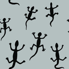 Seamless Vector Pattern With Lizards. Black Reptiles On A Gray Background Crawl Up. Background For Bed Linen, Children's Outerwear.