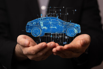 Poster - Electric car icon from lines, triangles and particle style