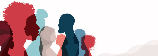 Wall Mural - Group silhouette profile of men and women of diverse culture. Diversity multicultural people. Racial equality and anti-racism. Multiethnic society. Friendship.Community. Banner copy space