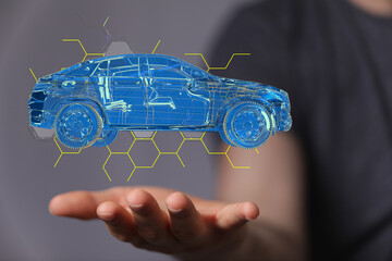 Poster - Man holding and touching holographic smart car