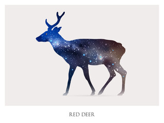 Sticker - Deer silhouette. Isolated abstract animal outline. Night starry sky