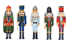 Set Of Watercolor Hand Drawn Wooden Toy Soldier - Nutcracker