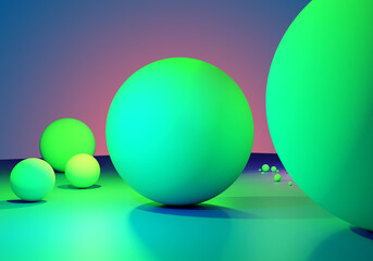 Poster - Three-dimensional balls of different sizes. Balls are lying on table. Geometric abstraction. Bright background of modern design. Place for text. Wallpaper for presentation. Geometric shapes. 3d image