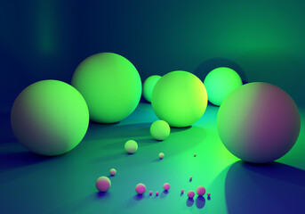 Poster - Geometric abstraction. Balls of different sizes on a green background. Universal background for booklets, presentations, articles. Modern creativity. Abstract background with balloons. 3d image