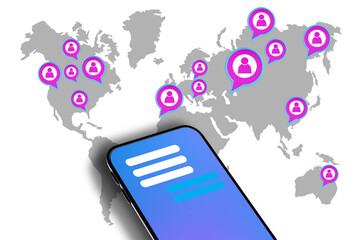 Aufkleber - Social network. Virtual communication with people from different countries. Communication in mobile app. World map with placemarks of the chat participants place of residence. Magazine style collage.