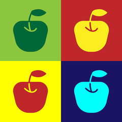 Poster - Pop art Apple icon isolated on color background. Fruit with leaf symbol. Vector