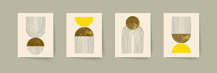 Set of abstract hand painted geometric compositions. Mid century modern posters. Boho wall decor.