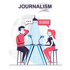 Aufkleber - Journalism isolated cartoon concept. Journalist talks to guest of TV show and interviews, people scene in flat design. Vector illustration for blogging, website, mobile app, promotional materials.