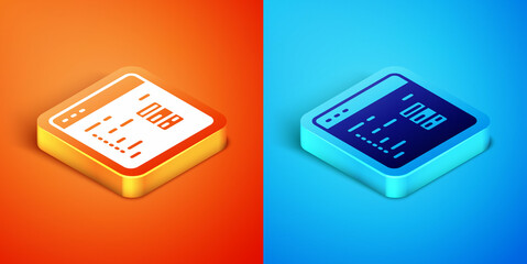Isometric Software, web developer programming code icon isolated on orange and blue background. Javascript computer script random parts of program code. Vector
