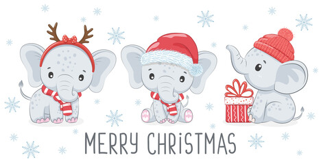 Wall Mural - A set of three cute and sweet baby elephants for the New Year and Christmas. The elephant boy. Vector illustration of a cartoon.