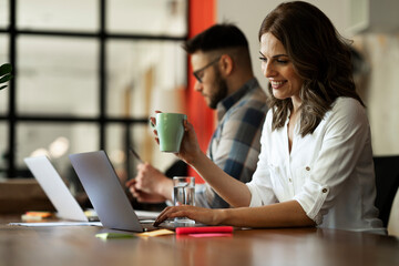 Wall Mural - Happy businesswoman working on laptop. Portrait of beautiful businesswoman in the office..