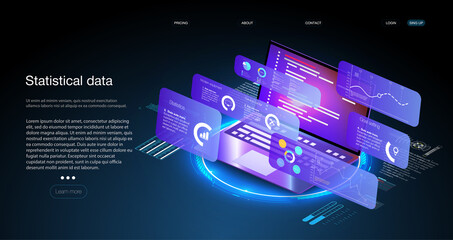 Poster - Application of laptop with business graph and analytics data on isometric laptop Analysis trends and financial strategy by using infographic chart. Digital money market, investment finance and trading
