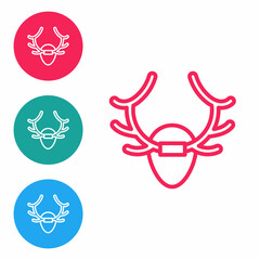 Sticker - Red line Deer antlers on shield icon isolated on white background. Hunting trophy on wall. Set icons in circle buttons. Vector