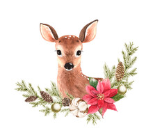 Animal Young Deer With Christmas Wreath, Watercolor Illustration Hand Painted