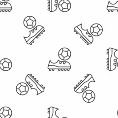 Wall Mural - Grey line Football shoes icon isolated seamless pattern on white background. Soccer boots. Sport football foot protection. Vector