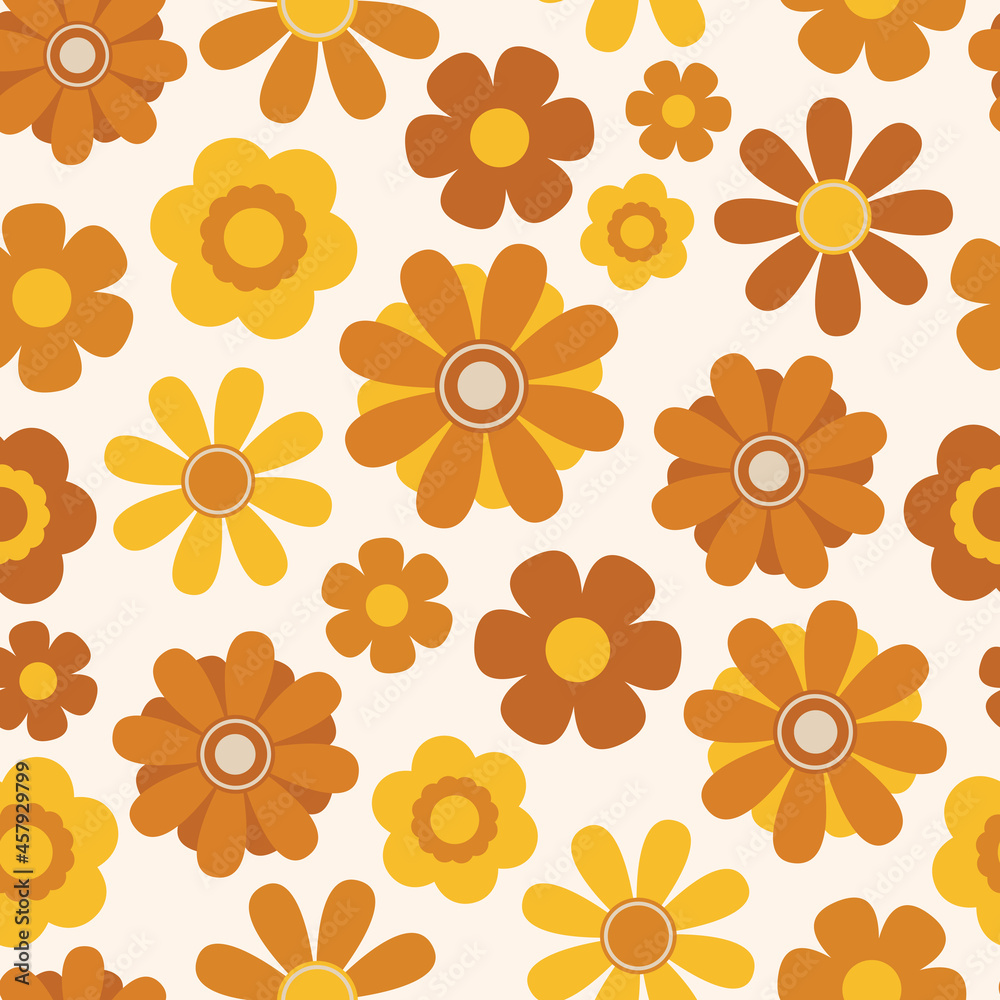 70s and 60s orange and yellow floral seamless vector pattern. Groovy,  funky, vintage retro seventies and sixties style flower design. 1970s  themed repeat background wallpaper texture print. Stock Vector | Adobe Stock, image size:1000x1000