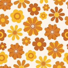 70s And 60s Orange And Yellow Floral Seamless Vector Pattern. Groovy, Funky, Vintage Retro Seventies And Sixties Style Flower Design. 1970s Themed Repeat Background Wallpaper Texture Print. 
