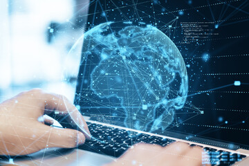 Aufkleber - Close up of hands using laptop with abstract globe sphere with coding and polygonal network. Future, technology and digital world concept. Double exposure.