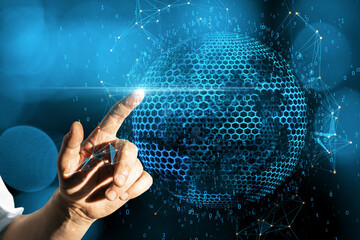 Poster - Close up of businessman hand pointing abstract globe sphere with coding and polygonal network on blue background. Future and digital world concept. Double exposure.